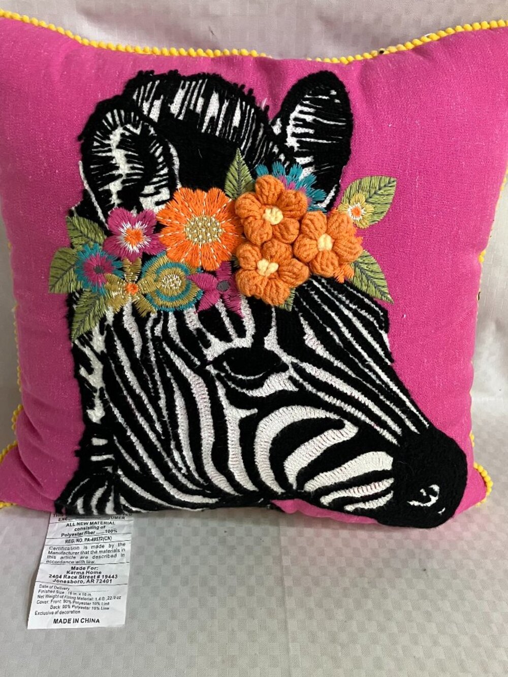 Karma Home Throw Pillow 16x16 Inch Multicolor Zebra Floral Embroidered Pom Trim